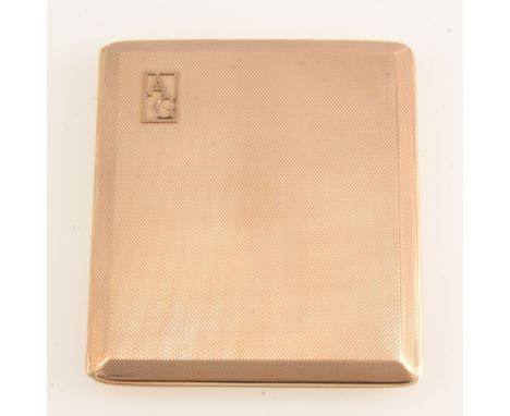 A 9 carat yellow gold engine turned cigarette case, fine barley pattern, raised rectangular frame with the initials AG, Birmi