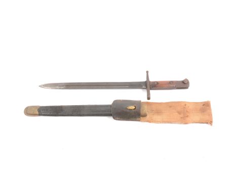 Italian M1891 bayonet, 29.7cm blade, part wooden grip, the guard numbered 0 6992, indistinct factory marks, brass mounted lea