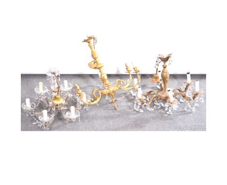 Brass chandelier, six scrolled branches, with prismatic cut droplets, drop approximately 74cm; and a similar smaller brass ch