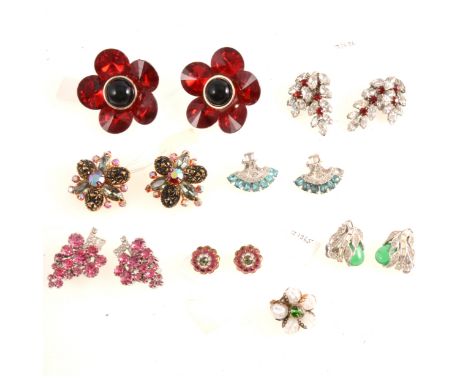 Vintage flower and gardening-themed earrings, mainly clip on and ear screw fittings, to include Hobé, Ciner, Jewelcraft, in g