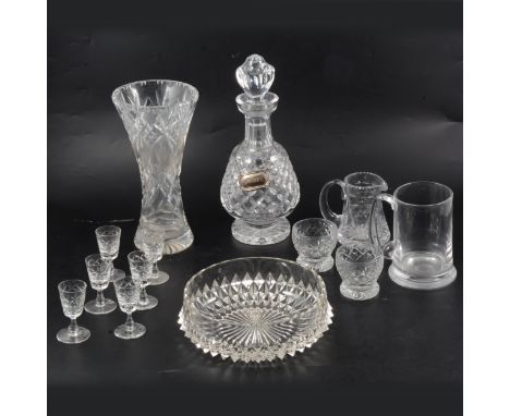 A Waterford Crystal 'Colleen' pattern decanter, with silver Brandy label, 30cm; a Dartington Crystal vase, 31cm; a Thomas Web