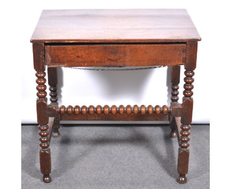 Joined oak side table, rectangular boarded top, single frieze drawer, bobbin-turned supports, width 74cm, depth 53cm, height 