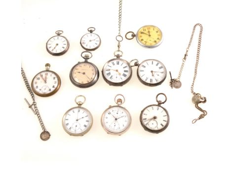 Ten silver and nickel pocket watches, and chains, Jaeger-le-Coultre military issue open face pocket watch, broad arrow to cas