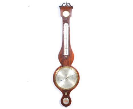 Victorian mahogany banjo barometer, swan neck pediment, boxwood and ebony stringing, silvered dials, signed F Amadio, 2 St Jo