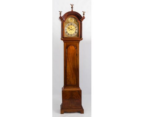 A late 18th century Channel Islands mahogany cased half hour striking eight day longcase clock, the foliate engraved arched b