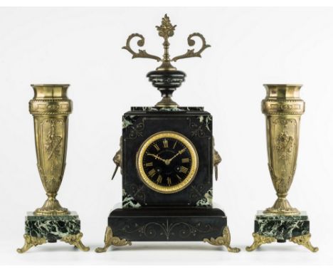 A French engraved slate and green marble clock garniture, 1870s, the circular 95mm Roman black enamel dial signed 'Van De Lan