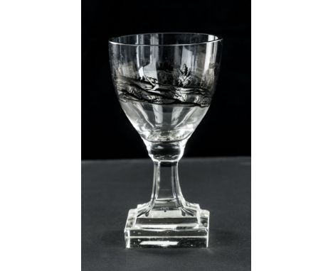 A Bohemian Schwarzlot black enamel decorated hunting rummer, mid-19th century, the circumference of the ovoid bowl decorated 