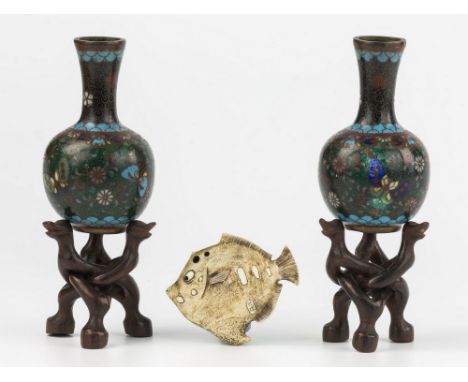 A pair of Japanese miniature cloisonné bottle vases, flared long neck with moth and floral decoration, with hardwood linked s