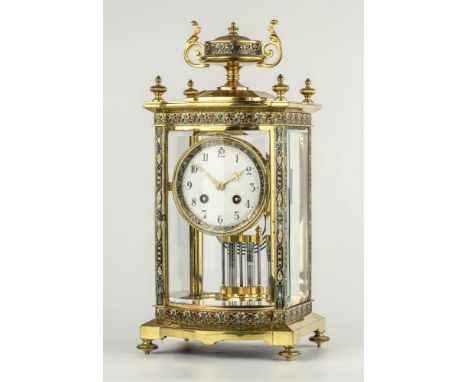 A French gilt brass and champlevé enamel four glass mantel clock, late 19th / early 20th century, the white 90mm. enamel Arab