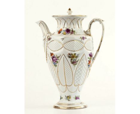 A German porcelain coffee pot, first half of 20th century, of twelve sided baluster form with raised decorated foliate and el