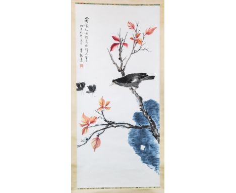 A small collection of Chinese style scroll paintings, second half 20th century, watercolours on silk and paper scrolls, in a 