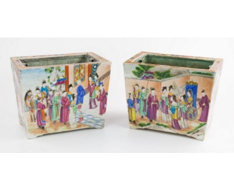 A pair of Chinese famille rose jardinières, 19th century, of tapering rectangular form, the top edge decorated with floral an