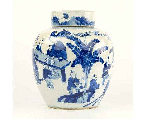 An antique Chinese blue and white ginger jar and cover, painted in bold cobalt blue with Oriental figures playing games with 