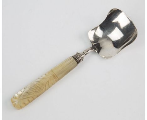 A George IV silver caddy spoon, Unite & Hilliard, Birmingham 1831, mother of pearl handle with cross hatch engraving within d