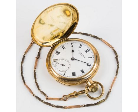 A 9ct gold cased full hunter pocket watch by J. W. Benson of London, the signed 37mm. white enamel Roman dial with subsidiary