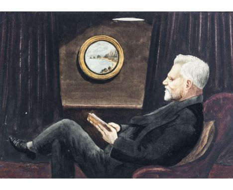 English School (late 19th century), Portrait of Victor Hugo, seated in a darkened study reading a book, a circular Channel Is