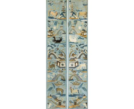 Pair of Chinese silk cuff panels from a Mandarin's gown, 19th century, decorated in silk and gold thread embroidery with hors