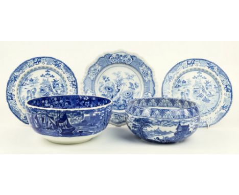 A Wedgwood blue and white 'Ferrara' pattern bowl, 19th century, impressed 'Wedgwood', 9in.(22.8cm.) diameter; together with a