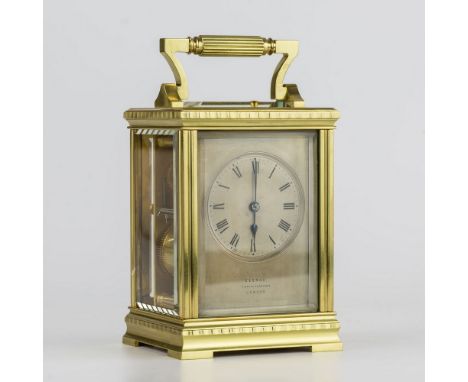 A good late 19th century French gilt brass carriage clock with repeat, G.L.C. for Clerke, 1 Royal Exchange, London, the five 