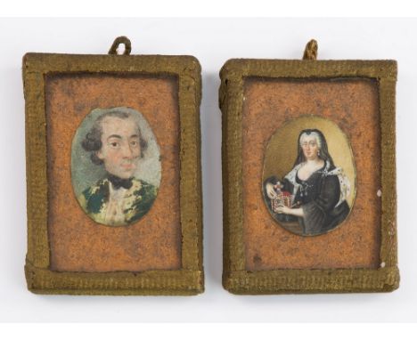 Two 19th century portrait miniatures, one depicting Queen Victoria in mourning attire, the second a regal gentleman, watercol