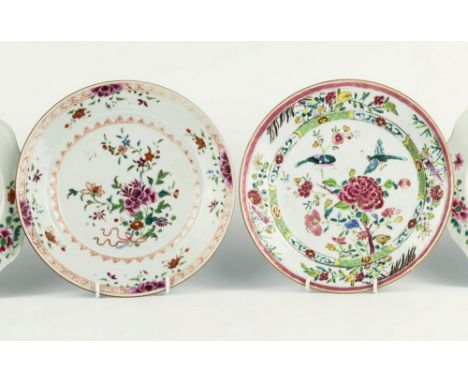 Two Chinese export famille rose plates, 18th / early 19th century, one decorated with birds amidst flowering branches, within