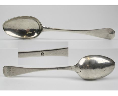 An 18th century Channel Islands silver table spoon, maker's mark JQ struck once (Jacques Quesnel, Jersey, 1781-1843), with en