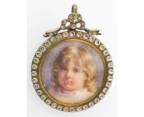 A miniature watercolour portrait pendant, late 19th century, the circular portrait on ivory of a cherubic faced, rosy cheeked