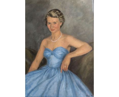 English School (mid 20th century, Portrait of an elegant lady, seated in a sky blue pleated evening dress and pearl necklaceg