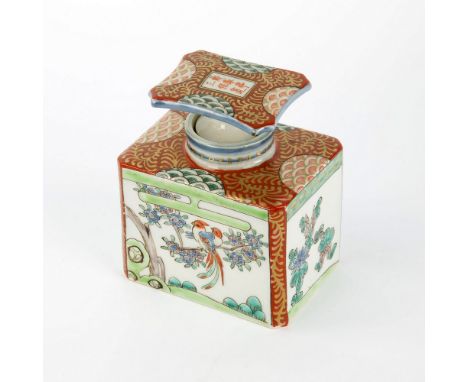 A Japanese porcelain tea caddy, early 20th century, rectangular box form body decorated with panels of avian subjects amongst