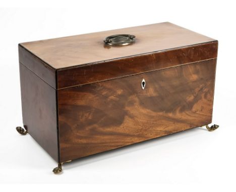 A large George III mahogany tea caddy, now converted to a stationary box, rectangular form with boxwood and ebony stringing, 