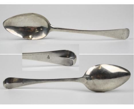 A late 18th century Channel Islands silver table spoon, maker's mark GM struck once (unknown maker, Jersey, 1750-1812), point