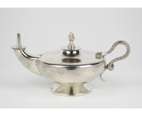 An Edwardian novelty silver table lighter, Mappin &amp; Webb Ltd., Birmingham 1915, in the form of Aladdin's lamp with snake 