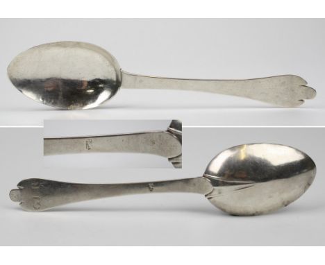 An 18th century Channel Islands silver trefid spoon, maker's mark TM struck once (Thomas David Mauger, Jersey, 1730-96), arro