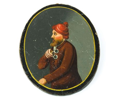 A 19th century naive school portrait miniature, possibly Russian, oval oil on panel half length portrait of a bearded gentlem