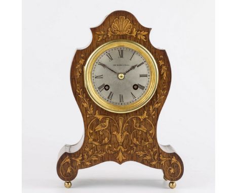 A late 19th century rosewood and marquetry cased mantel clock, by Henry Marc of Paris, graduated scalloped upper section with