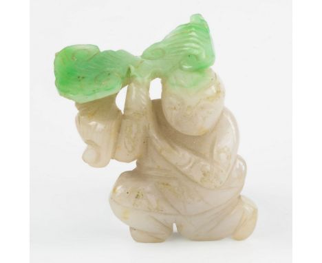 A Chinese carved jade figure, early 20th century, depicting a kneeling male figure beneath ruyi head shade, in apple green an