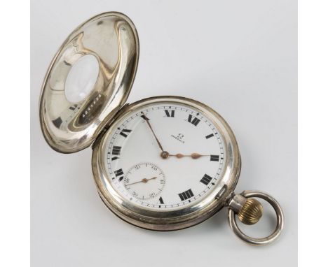 An Omega silver cased half hunter pocket watch, the gilt, fob wound three quarter plate movement signed 'Omega 5395369', the 