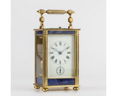 A French gilt brass cased repeating carriage clock with alarm, mid-20th century, the white Roman enamel dial with subsidiary 