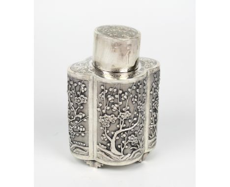 A Chinese silver export tea caddy, late 19th/early 20th century, Wang Hing maker's mark and '90' purity mark, lobed quatrefoi