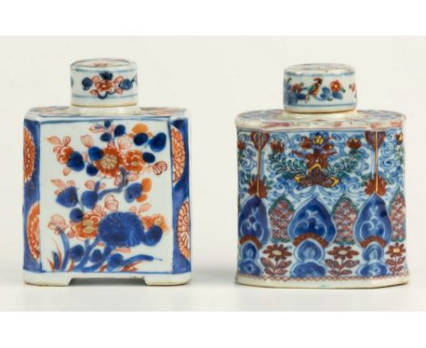 Two 19th century Chinese Imari porcelain tea caddies, of elongated octagonal form with cylindrical necks and covers, decorate