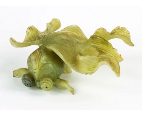 A Chinese spinach jade carved fantail fish, 19th / early 20th century, finely carved with billowing tail and bulbous eyes, 2¼