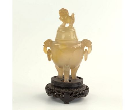 A small Chinese carved agate Koro, probably 19th century, the domed cover with kylin finial seated upon a cauldron form body 