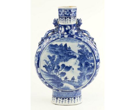 A 19th century Chinese blue and white porcelain moonflask, cylindrical neck with prunus blossom and trefoil pendant bands, th