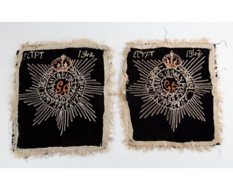 Military interest - a pair of square velvet needle work panels, in an amateur hand, depicting the Royal Army Service Corps ba
