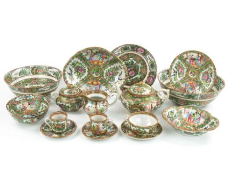 A matched Canton famille rose medallion part dinner service, late 19th to mid 20th century, comprising nine 7¼in. plates; fou