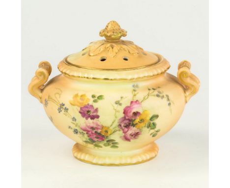 A Royal Worcester twin handled pot pourri jar and cover, of waisted circular form, with twin scroll handles, pierced cover wi