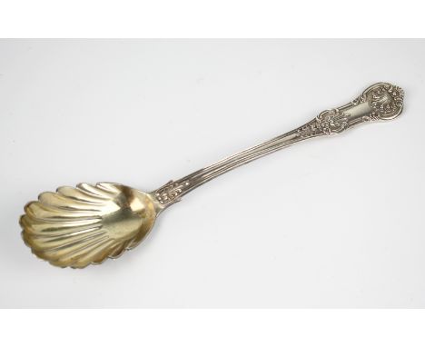 A Victorian silver shell bowl serving spoon, Chawner and Co., London 1857, Queens pattern stem into gilt shell form bowl, 10i