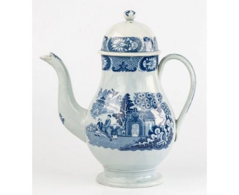 An early 19th century pearlware coffee pot, baluster form with scroll handle and waisted foot, blue and white transfer printe