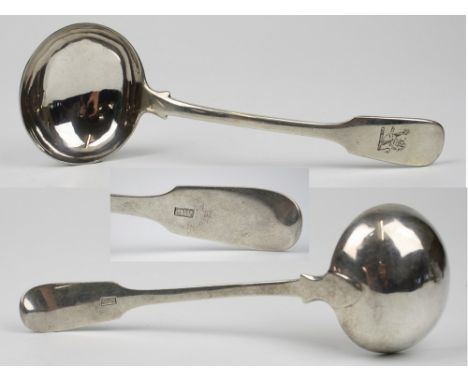 A 19th century Channel Islands silver sauce ladle, maker's mark CWQ struck once (Charles William Quesnel, Jersey c.1790-c.185