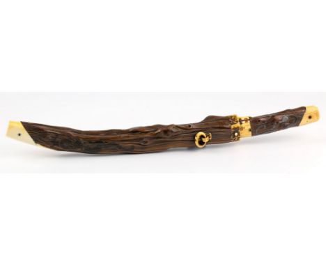 A Japanese Chato (Tea Sword), late 19th / early 20th century, rustic wood and ivory tsuka with pewter inlay of rain dragons, 